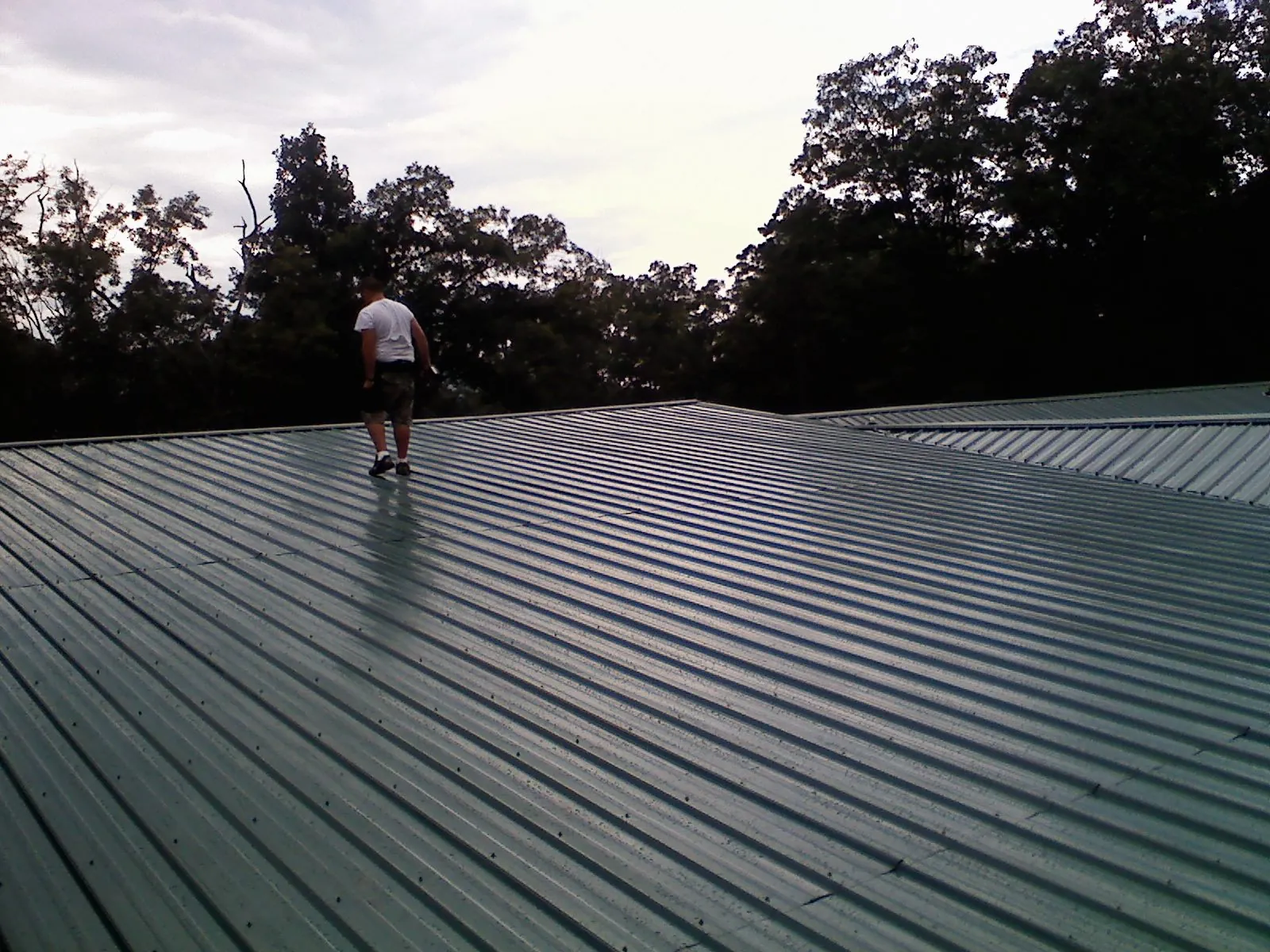 Roofer walking a wide expanse of new green metal roofing in Muncy