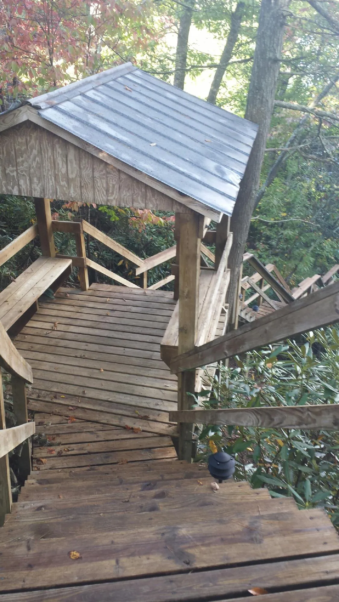 Metal roofed shelter over wooden steps on a wooded walkway — Skylight Repair & Installation work by our crew in Muncy